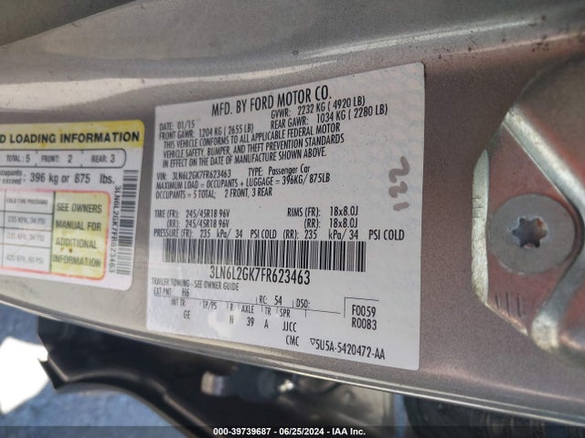 Lincoln MKZ 2015 3LN6L2GK7FR623463 Image 9