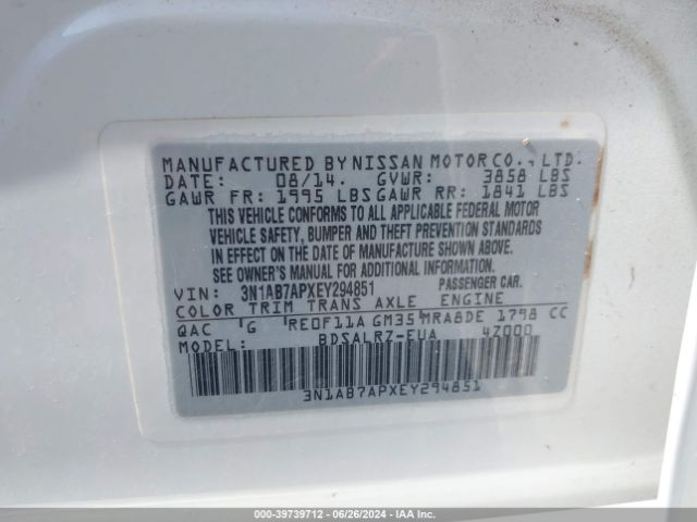 3N1AB7APXEY294851 Nissan SENTRA SR