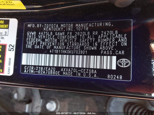Toyota CAMRY SE 2019 4T1B11HK0KU703901 Image 9