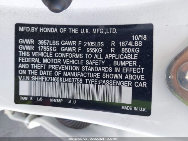 SHHFK7H60KU403758 Honda CIVIC EX