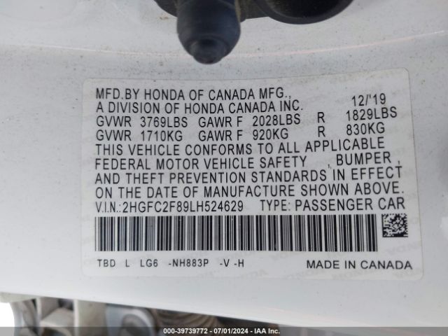 2HGFC2F89LH524629 Honda Civic Sport