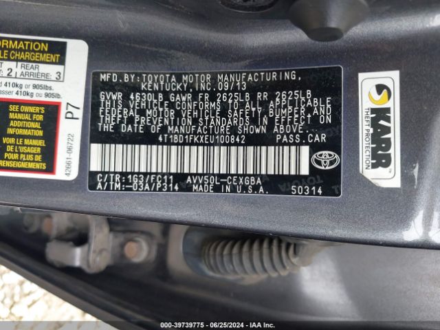 4T1BD1FKXEU100842 Toyota Camry Hybrid Xle