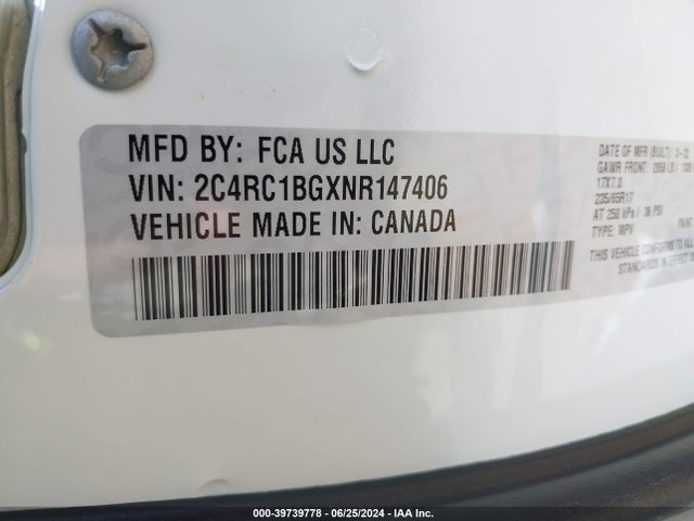 2C4RC1BGXNR147406 Chrysler Pacifica Touring L