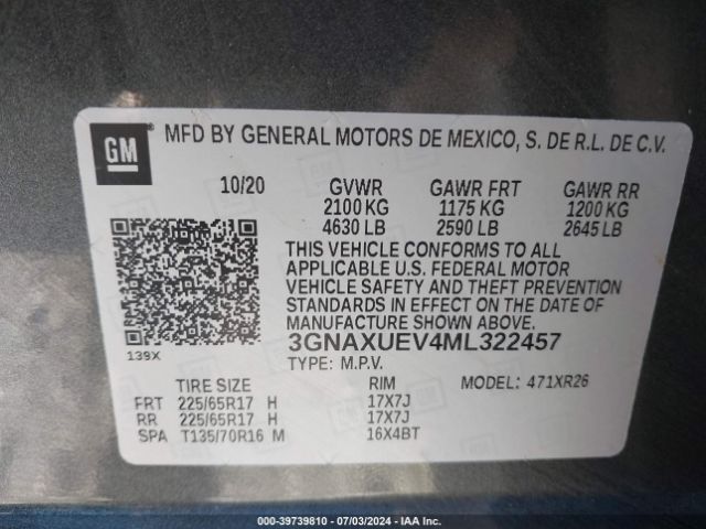 3GNAXUEV4ML322457 Chevrolet Equinox Awd Lt