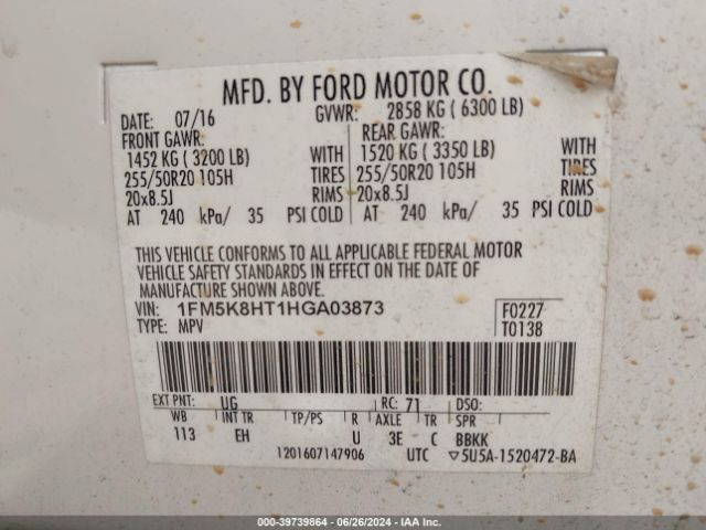 1FM5K8HT1HGA03873 Ford Explorer Platinum