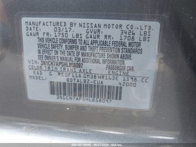3N1CN7AP5HL858097 Nissan Versa 1.6 Sv