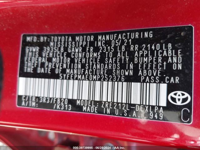 5YFEPMAE0MP252376 Toyota COROLLA LE