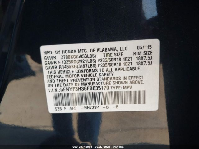 5FNYF3H36FB035170 Honda PILOT SE
