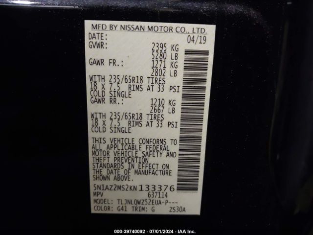 5N1AZ2MS2KN133376 Nissan MURANO SV