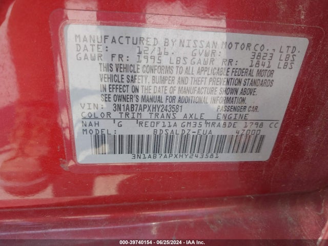 Nissan SENTRA SV 2017 3N1AB7APXHY243581 Image 9