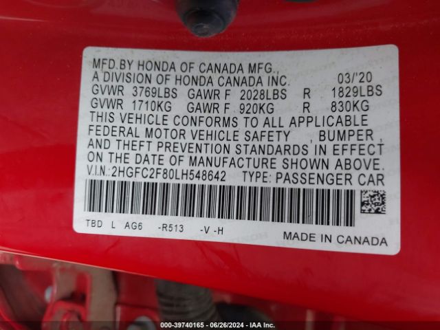 2HGFC2F80LH548642 Honda Civic Sport