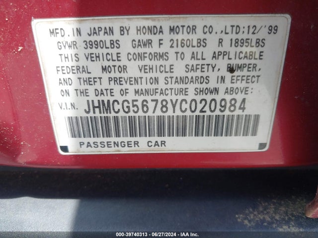 Aukcja sprzedaży 2000 Honda Accord 2.3 Se, vin: JHMCG5678YC020984, numer aukcji: 39740313
