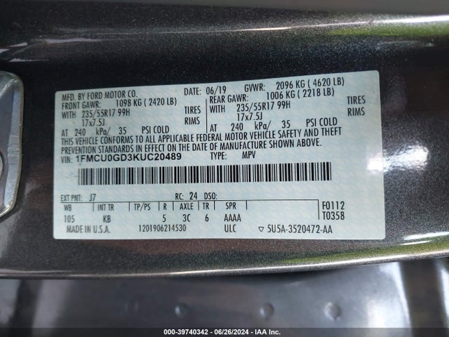 Ford ESCAPE SE 2019 1FMCU0GD3KUC20489 Image 9