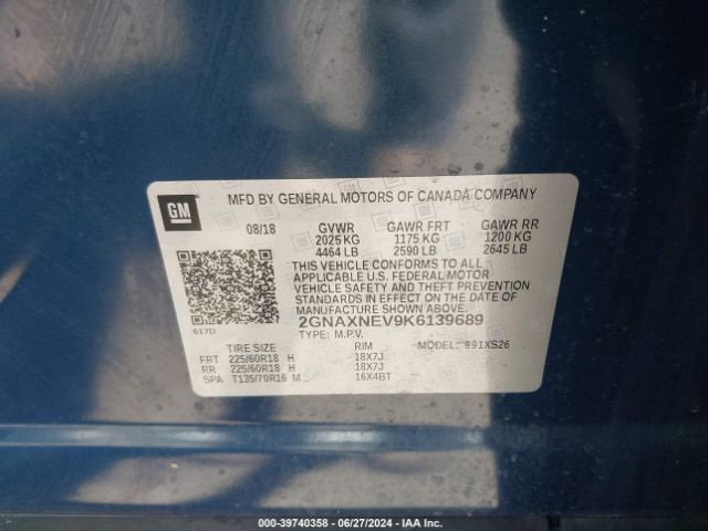 2GNAXNEV9K6139689 Chevrolet Equinox Premier