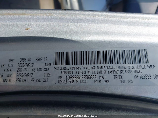 1C6RR6GG1FS589633 RAM 1500 Slt