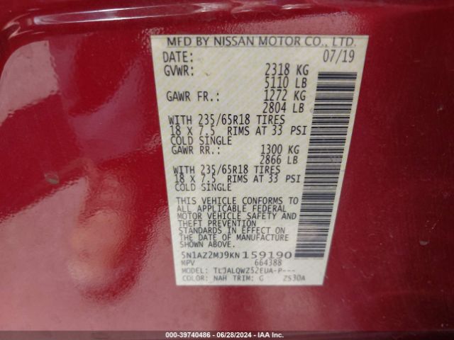 5N1AZ2MJ9KN159190 Nissan MURANO SV