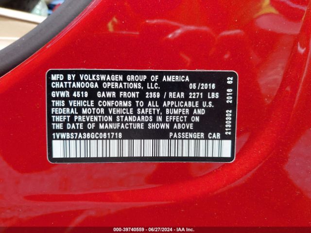 1VWBS7A36GC061718 Volkswagen Passat 1.8t Se