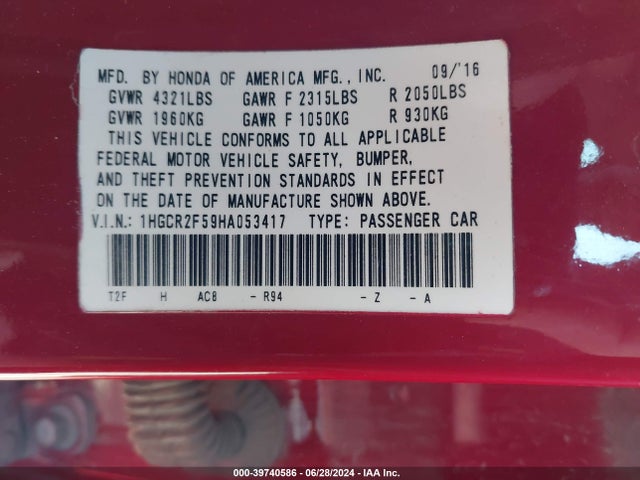 Honda Accord Sport 2017 1HGCR2F59HA053417 Image 9