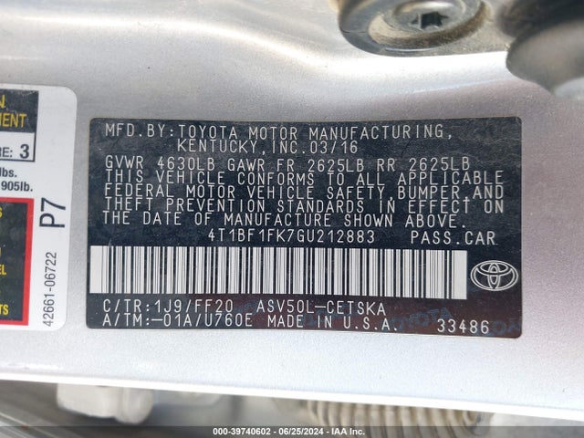 Toyota CAMRY SE 2016 4T1BF1FK7GU212883 Image 9