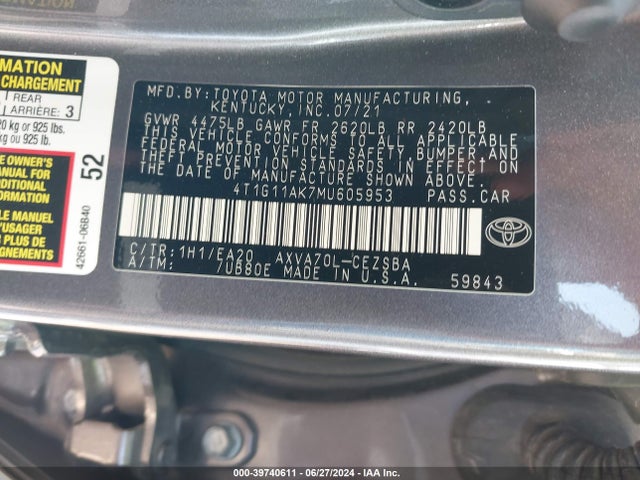 Toyota CAMRY SE 2021 4T1G11AK7MU605953 Image 9
