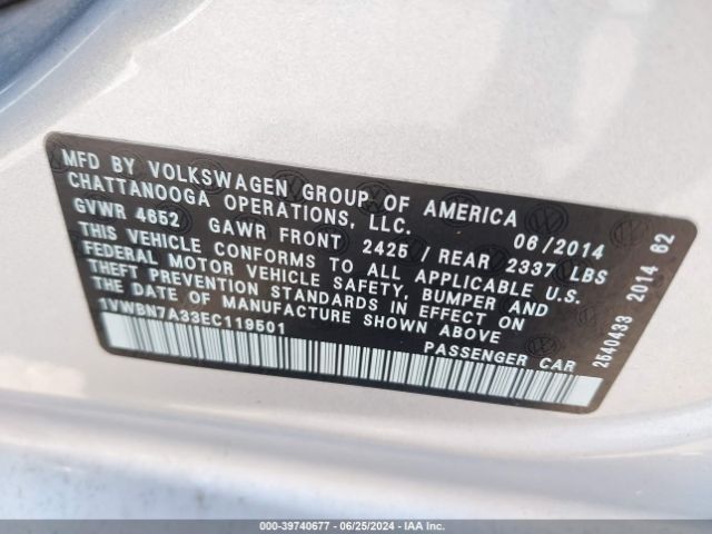 1VWBN7A33EC119501 Volkswagen Passat 2.0l Tdi Se