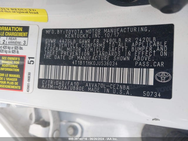 Toyota CAMRY LE 2018 4T1B11HK0JU536034 Image 9