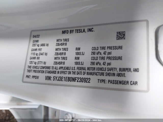 Tesla Model 3 Long Range Dual Motor All-wheel Drive 2022 5YJ3E1EB0NF230922 Image 9