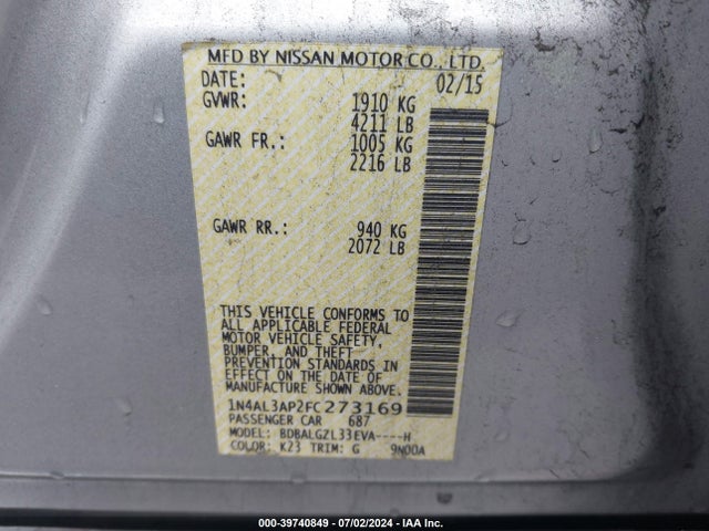Nissan Altima 2.5 S 2015 1N4AL3AP2FC273169 Image 9
