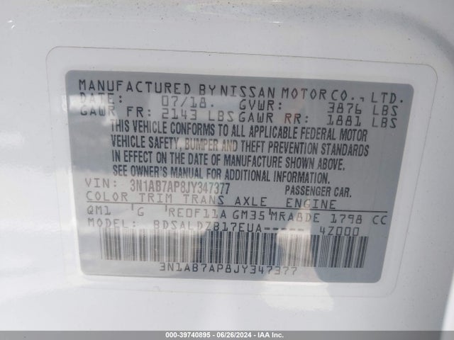 Nissan SENTRA SV 2018 3N1AB7AP8JY347377 Image 9