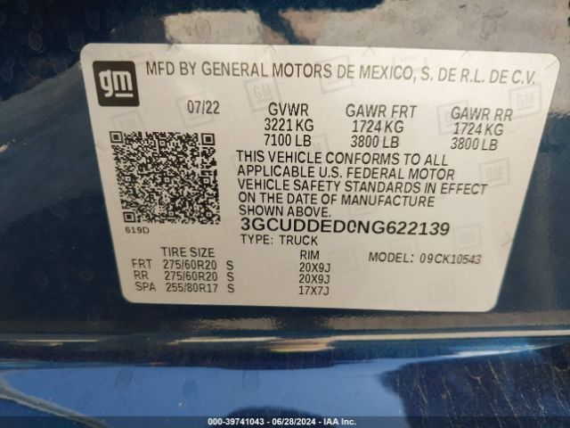 3GCUDDED0NG622139 Chevrolet Silverado 1500 4wd  Standard Bed Lt