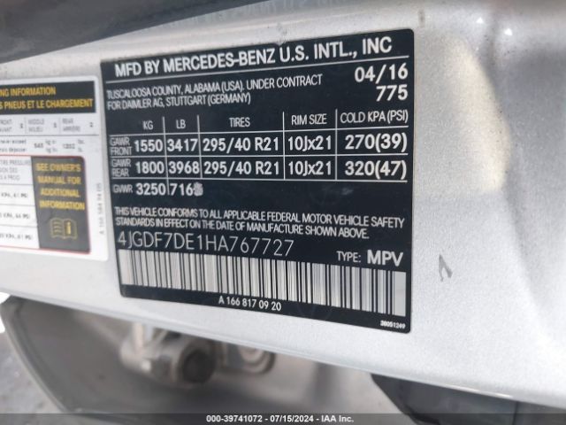 4JGDF7DE1HA767727 Mercedes-Benz Gls 550 4matic