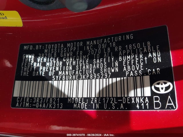 Toyota COROLLA LE 2019 5YFBURHE3KP895297 Image 9
