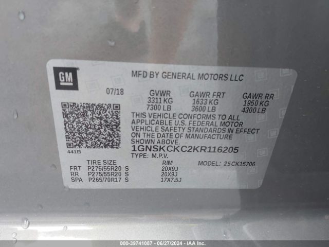 1GNSKCKC2KR116205 Chevrolet Tahoe Premier