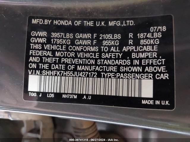 Honda CIVIC EX 2018 SHHFK7H55JU427172 Image 9