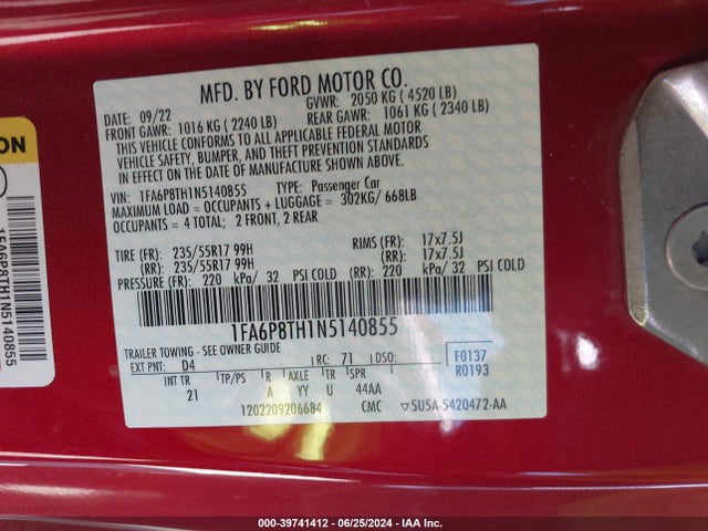 Ford Mustang Ecoboost Fastback 2022 1FA6P8TH1N5140855 Image 9