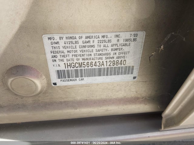 Aukcja sprzedaży 2003 Honda Accord 2.4 Ex, vin: 1HGCM56643A129840, numer aukcji: 39741431