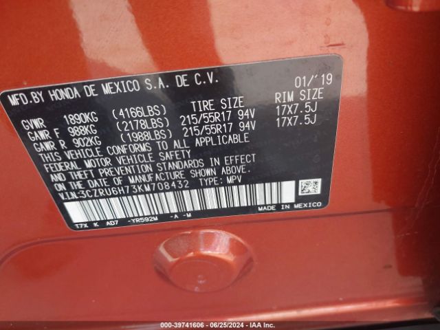 3CZRU6H73KM708432 Honda Hr-v Ex-l