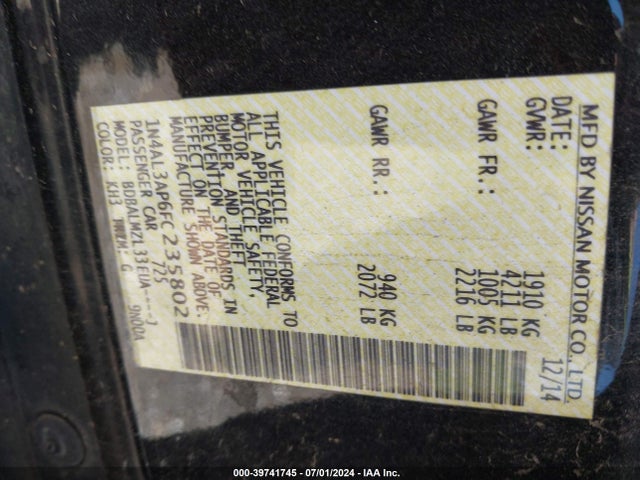Nissan Altima 2.5 Sv 2015 1N4AL3AP6FC235802 Image 9