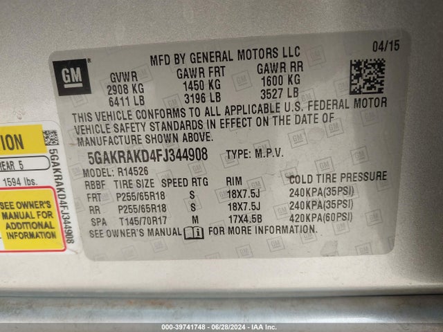 5GAKRAKD4FJ344908 Buick Enclave Convenience
