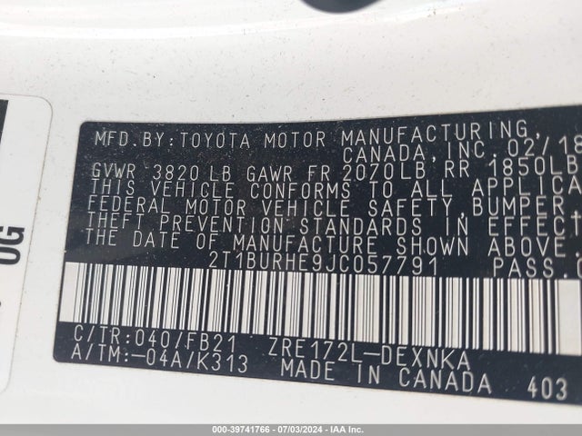 Toyota COROLLA LE 2018 2T1BURHE9JC057791 Image 9