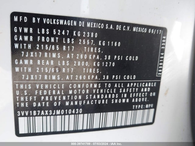 3VV1B7AX3JM010430 Volkswagen Tiguan 2.0t S