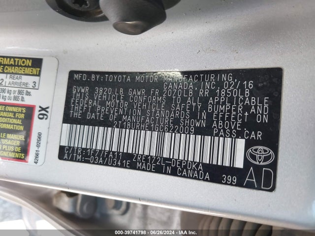 Toyota COROLLA L 2016 2T1BURHE1GC622009 Image 9