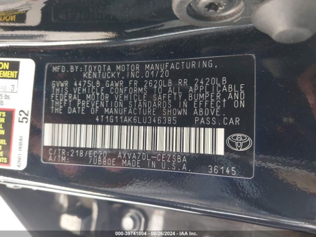 4T1G11AK6LU346385 Toyota Camry Se Nightshade Edition