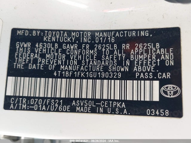 Toyota CAMRY SE 2016 4T1BF1FK1GU190329 Image 9