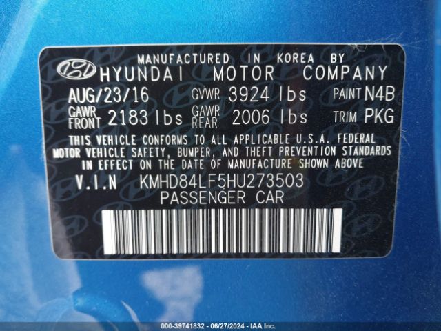 KMHD84LF5HU273503 Hyundai ELANTRA SE