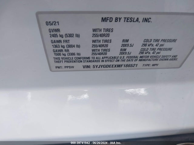 2021 TESLA MODEL Y 5YJYGDEEXMF186521 Photo 8