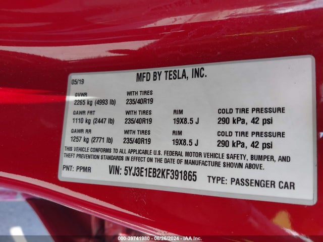 Tesla Model 3 Long Range/performance 2019 5YJ3E1EB2KF391865 Image 9