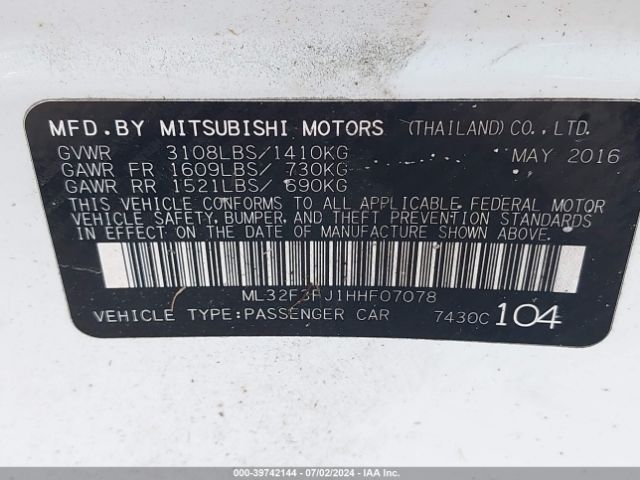 ML32F3FJ1HHF07078 Mitsubishi Mirage G4 Es