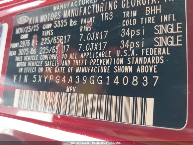5XYPG4A39GG140837 KIA Sorento 2.4l Lx