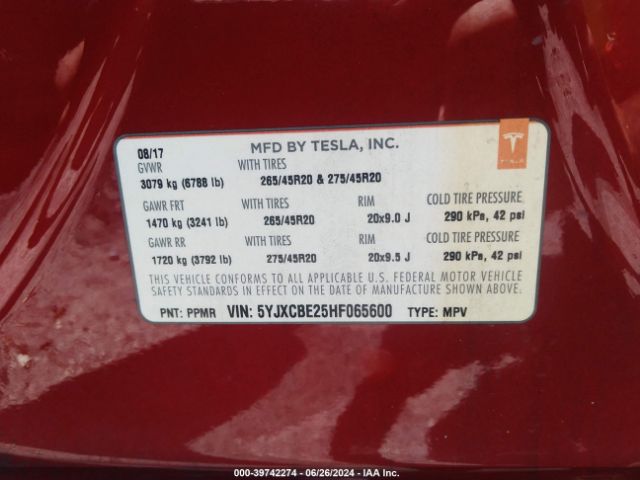 5YJXCBE25HF065600 Tesla Model X 100d/75d/90d